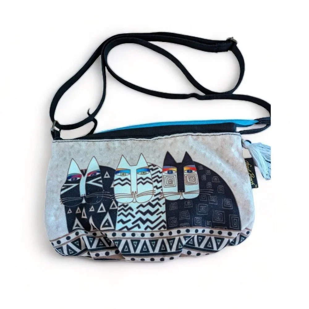 Wild Cats Laurel Burch Small Canvas Cross-Body Tote Bag Fun Crazy Cat Lady EUC